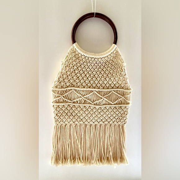 Macrame Crochet Handbag Woven Purse Wood Ring Handles Fringe Boho Bag NEW - Picture 12 of 16
